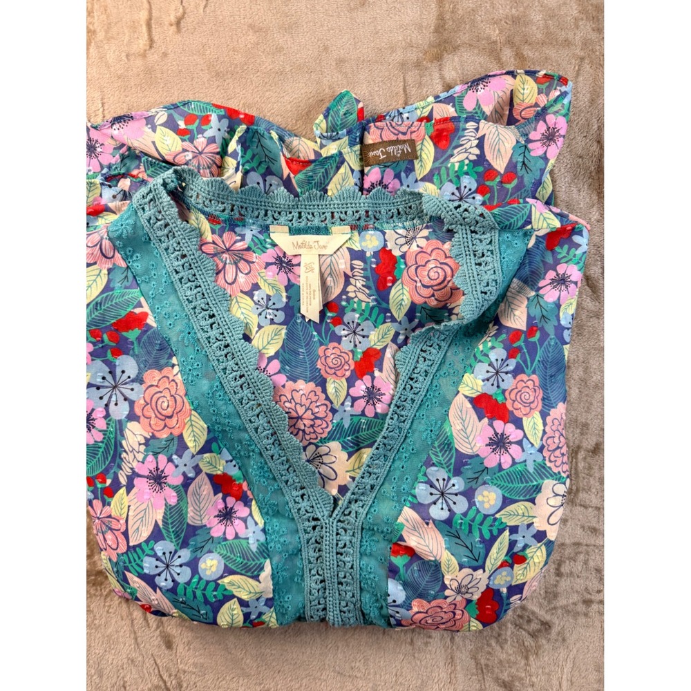 Matilda Jane Womens XXL Floral Crochet Lace V-Neck Empire Waist Blouse Blue Pink
